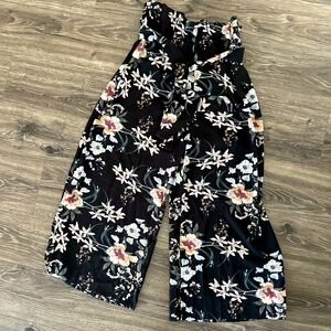 SHEIN Black Floral Print Belted Wide Leg Pants
